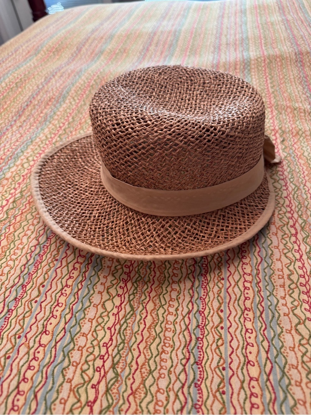 Cherokee Woven Straw Boater Hat with Ribbon Bow | Classic Tan Summer Sun Skimmer